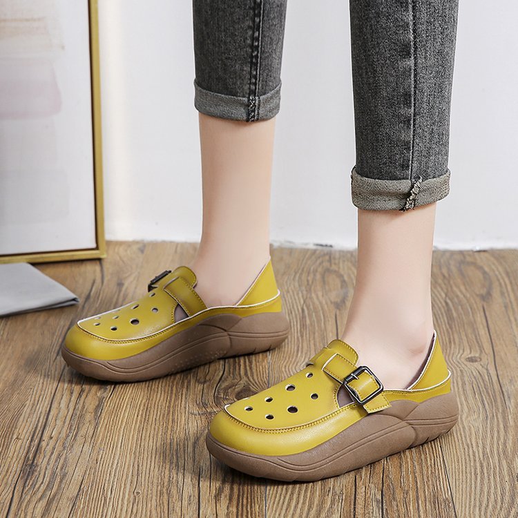 Retro Color Matching Hollow Out Sandals Women's Shoes Two-way Hole Shoes Casual Pumps Platform