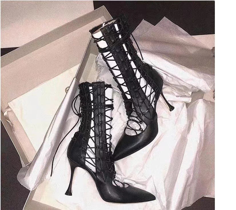 Pointed-toe Hollowed Strap Zip High Heel Boots