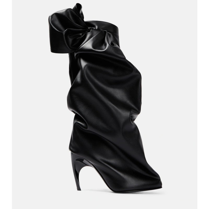 Black Bow Stitching Sleeve Pleated Special-shaped High Heel Women's Boots