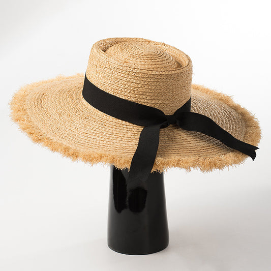 Raffia Hat With Ring Flat Top Bow And Ribbon