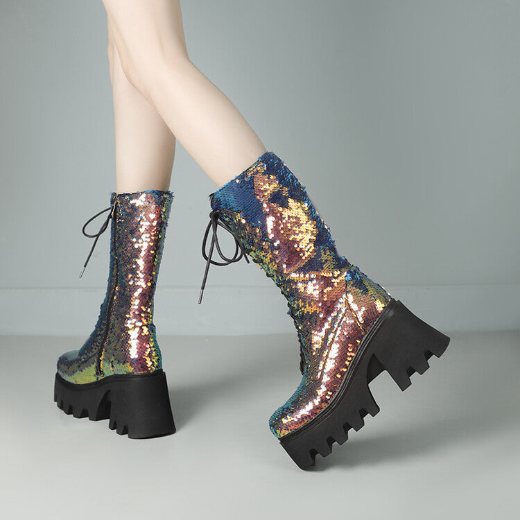 Sequins Mid-calf Martin Boots Round Head Front