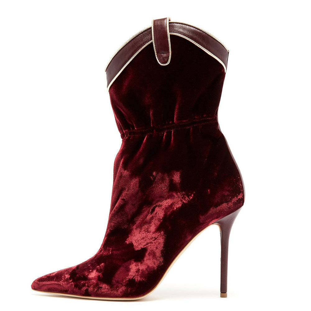 Wine Red Velvet Pointed Toe High Heel Short Ankle