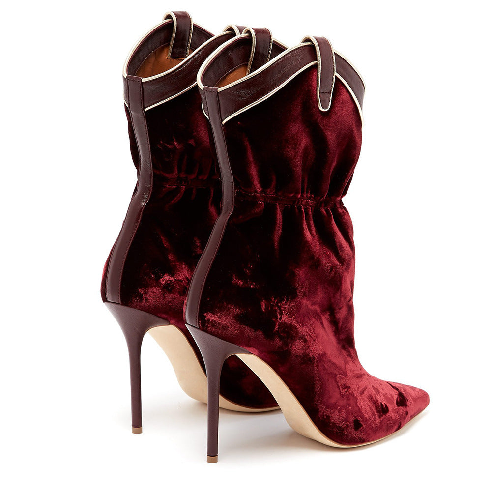 Wine Red Velvet Pointed Toe High Heel Short Ankle