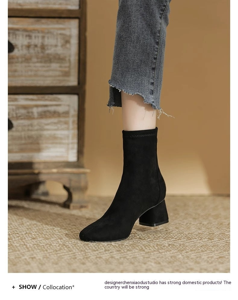 Ankle Boots Skinny Suede High Chunky Heel High Heel Ankle Boots