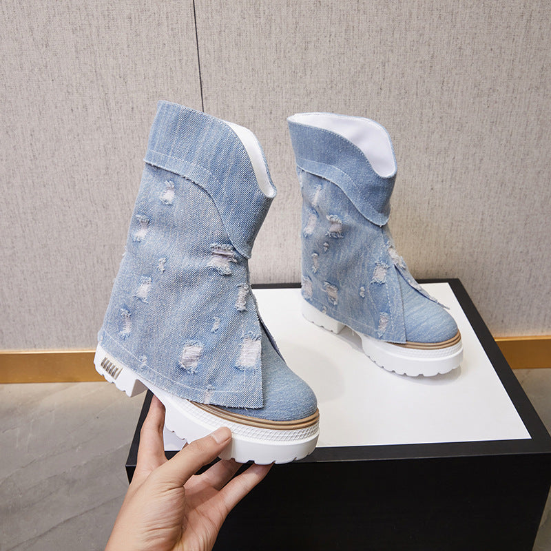 Women's Autumn And Winter New Fleece-lined Denim Leisure Boots