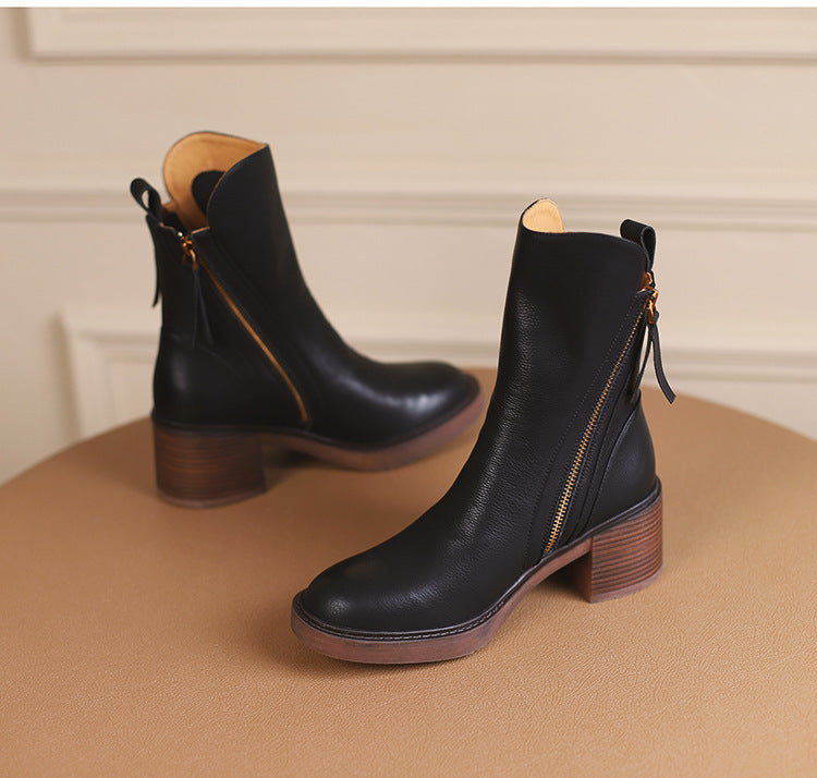 Thick Heel Brown Ankle Boots British Style Handsome