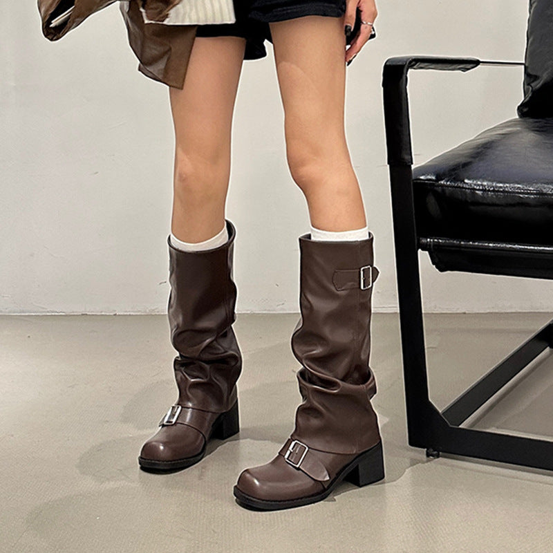 Below The Knee Long Boots Female Chunky Heel Round Head