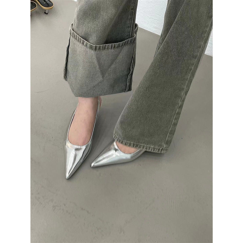 Tip In Silver Back Strap Small Heel Shoes