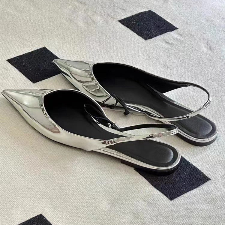 Women's Shoes Silver Paint Effect Flat Shoes Back Strap