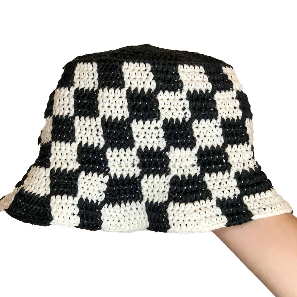 Handmade Crocheted Complex Knitted Square Color-blocking Woolen Hat