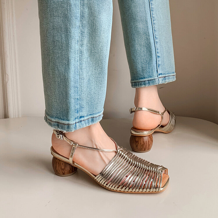 Retro Roman Chunky Heel Square Toe Lace-up Sandals