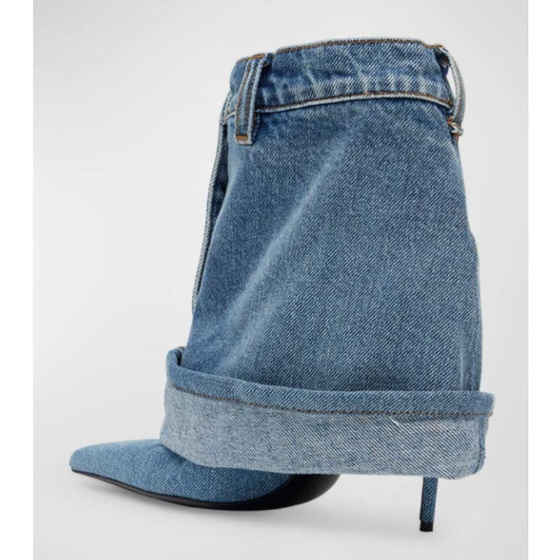 Pointed-toe Washed Denim Pantskirt Stiletto Heel Ankle Boots