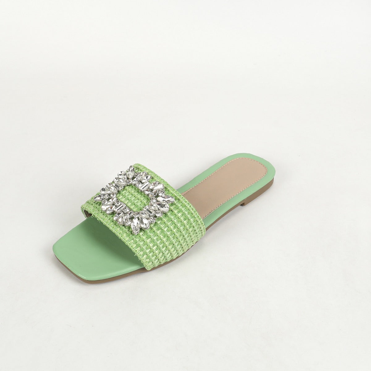 Square Head Straw Rhinestone Flat For Outdoors Vacation Leisure All-matching Slippers Women