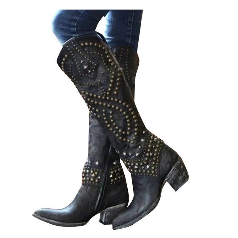 Rivet Female Boots With Chunky Heels