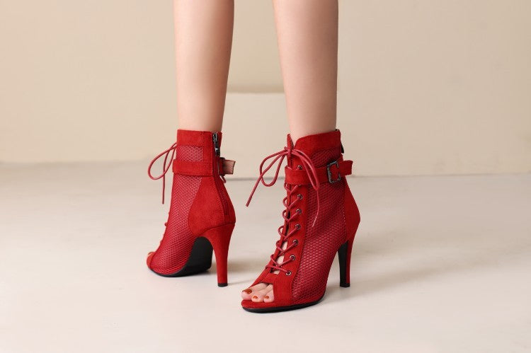 Stylish Peep Toe Hollow Mesh Cross Lace-up Buckle Dance High Heels