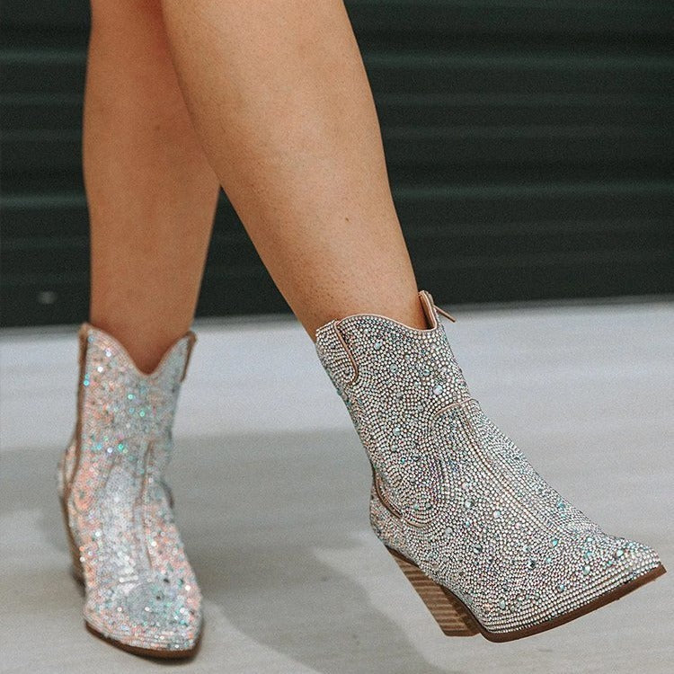 Pointed High Heel Chunky Heel Sequins Hot Rhinestone Fashion Plus Size Ankle Boots