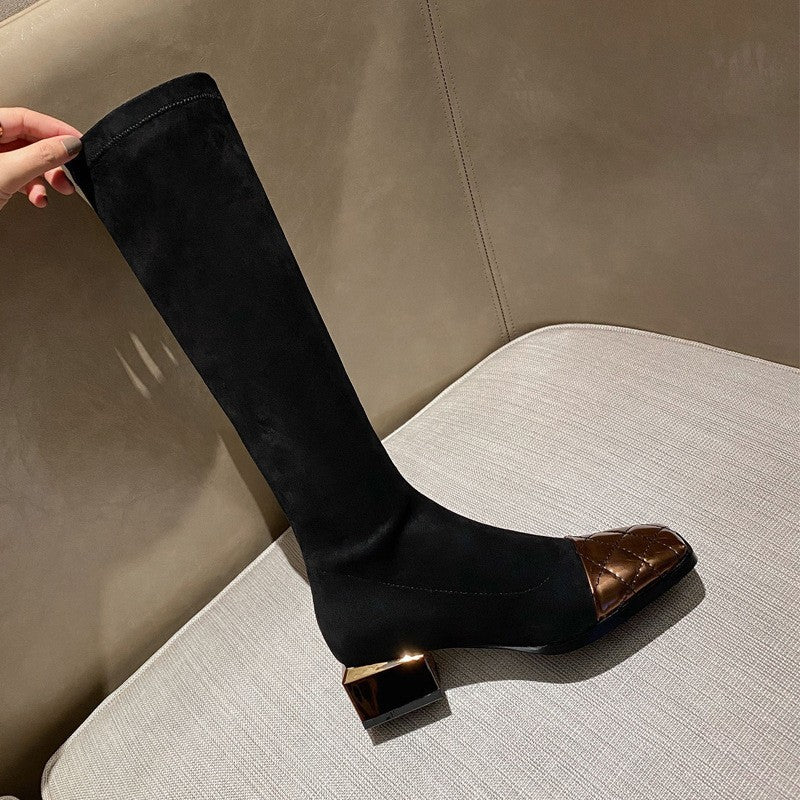 Women's Mid Heel Stitching Knee Boots Chunky Heel Women