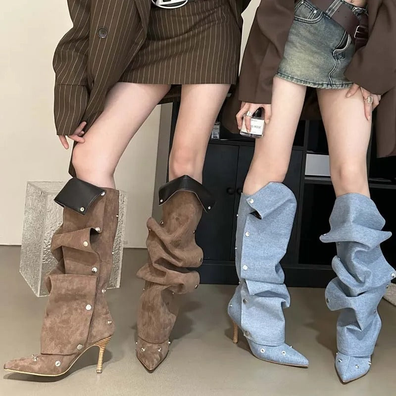 Women's Fashion Buckle Stitching Stiletto Heel Denim Pleated Pile Style Boots