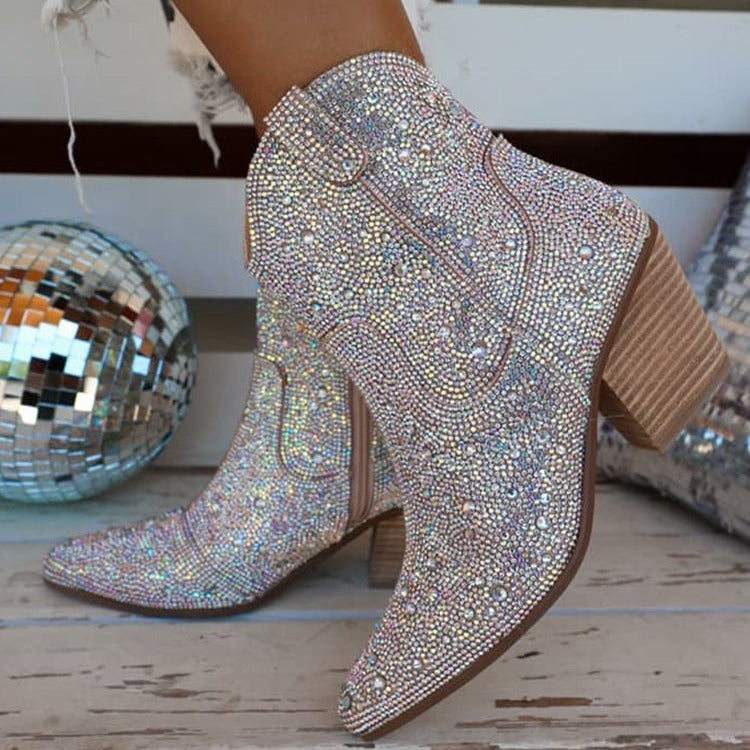 Pointed High Heel Chunky Heel Sequins Hot Rhinestone Fashion Plus Size Ankle Boots