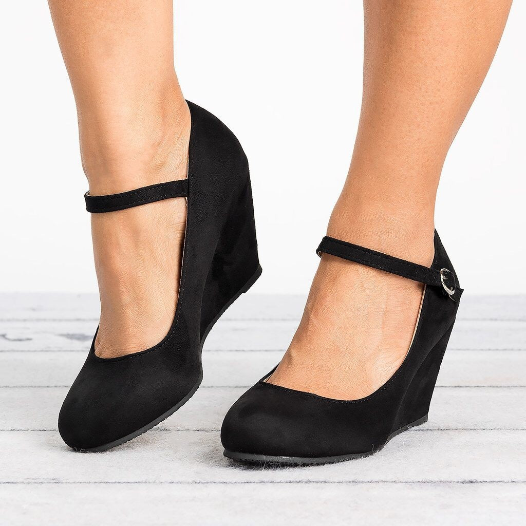 Women's Wedge High Heel Buckle Black Platform