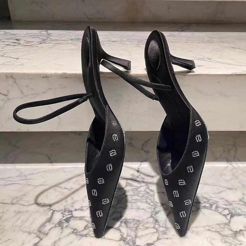 Rhinestone Letters Satin Slingback Pointed-toe Hollowed Stiletto Sexy High Heel Toe Box Sandals