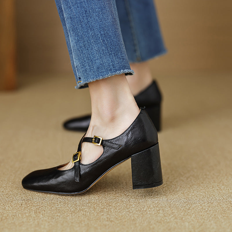 Super Textured Cross-strap Square Toe Chunky Heel Temperament Mary Jane Shoes