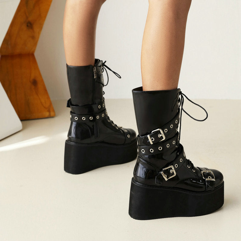 Women's British-style Platform Black Rivet Boots