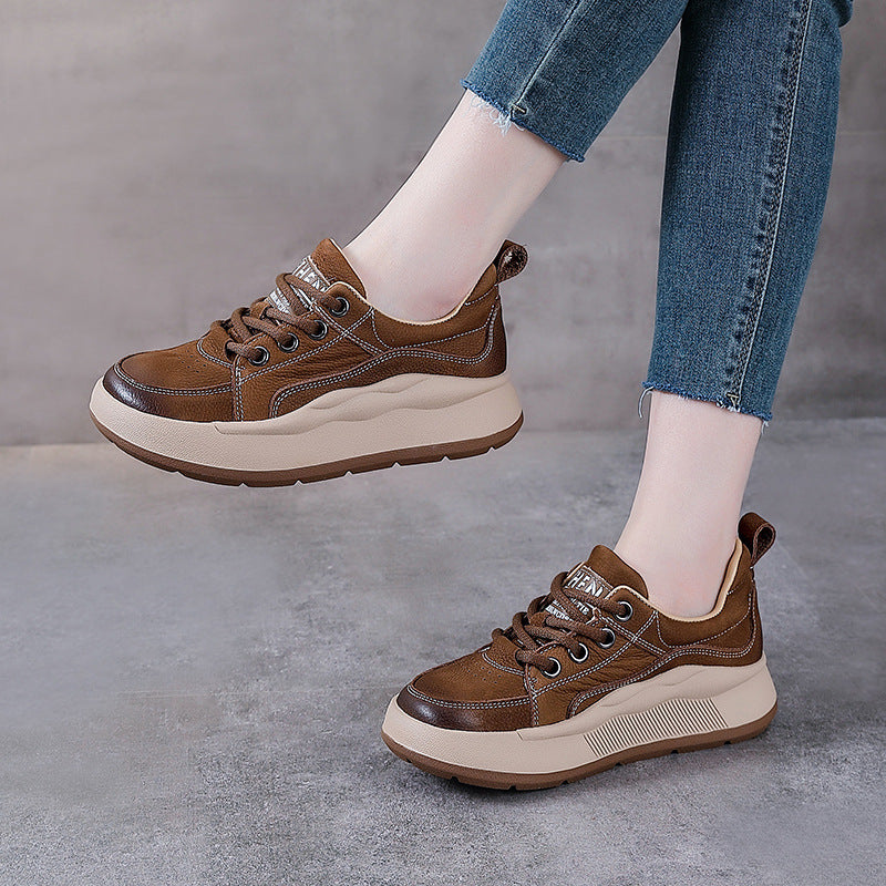 British Style First Layer Cowhide Round Head Soft Leather Casual Lace Up Platform Shoes