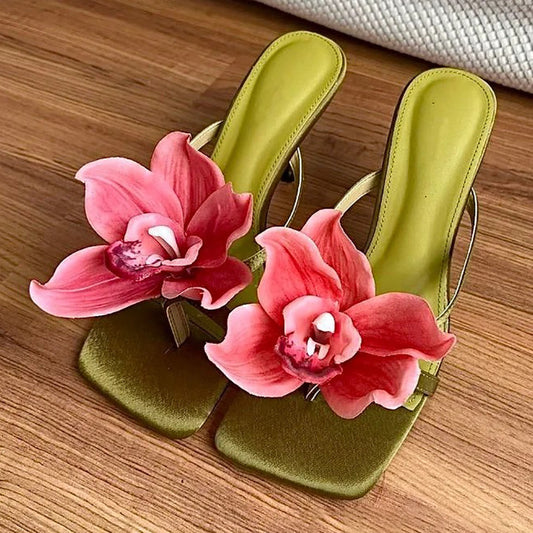 Summer New Stiletto Heel Satin Flip-flops Outer Wear Half Slippers High Heel Slippers Women