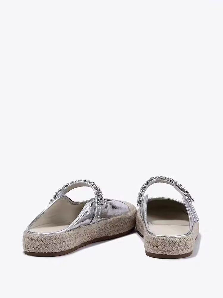 Summer Flat Round Toe Rhinestone Straw Woven Casual Half Slippers