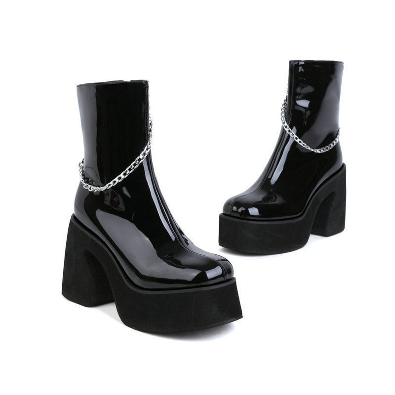 Women's Boots New Chain Martin Boots Women's Thick Heel Patent Leather