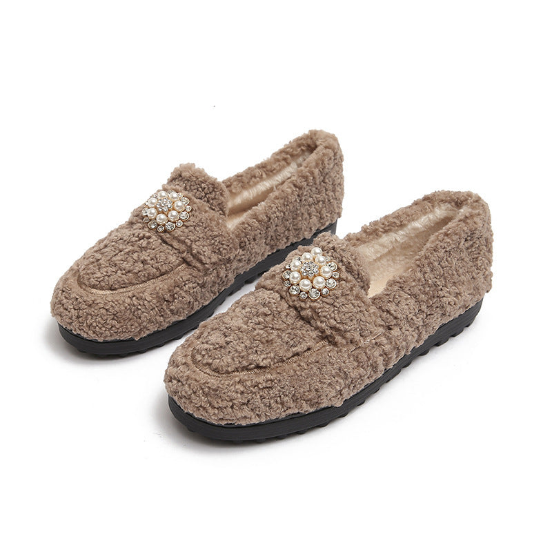 Women's Outdoor Shoes Autumn And Winter Lamb Wool Flat Bottom Slip-on Thick Bottom Plus Size