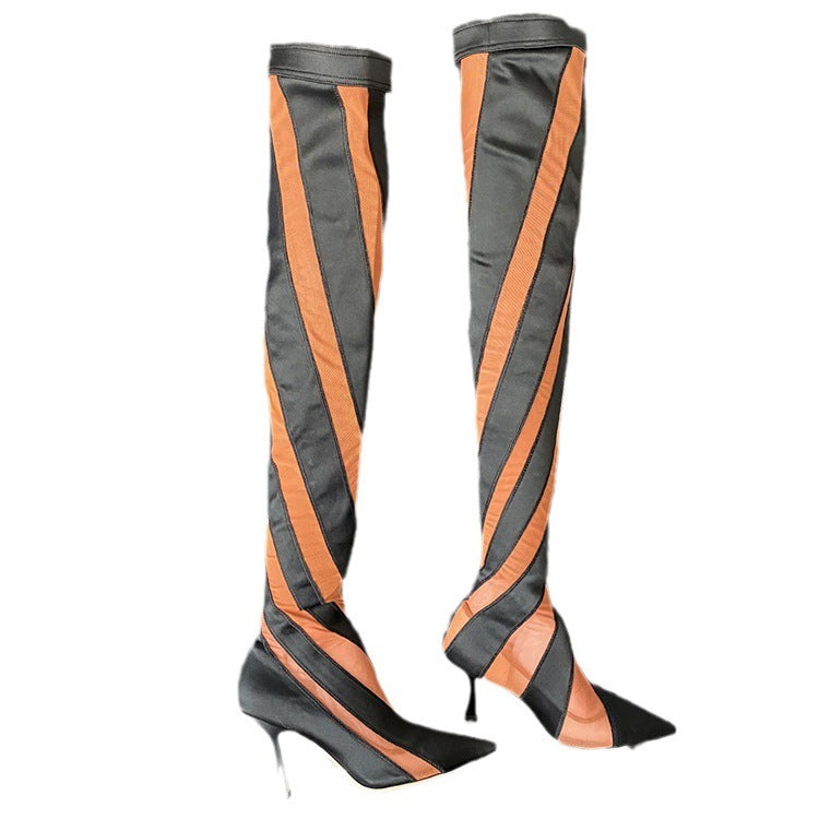 Pointed High Heel Elastic Thread Stitching Mesh Long Tube Over The Knee Boots