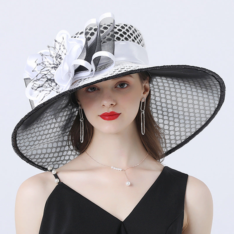 Large-brimmed Hat With Mesh Flower Decoration For Comfortable Shading