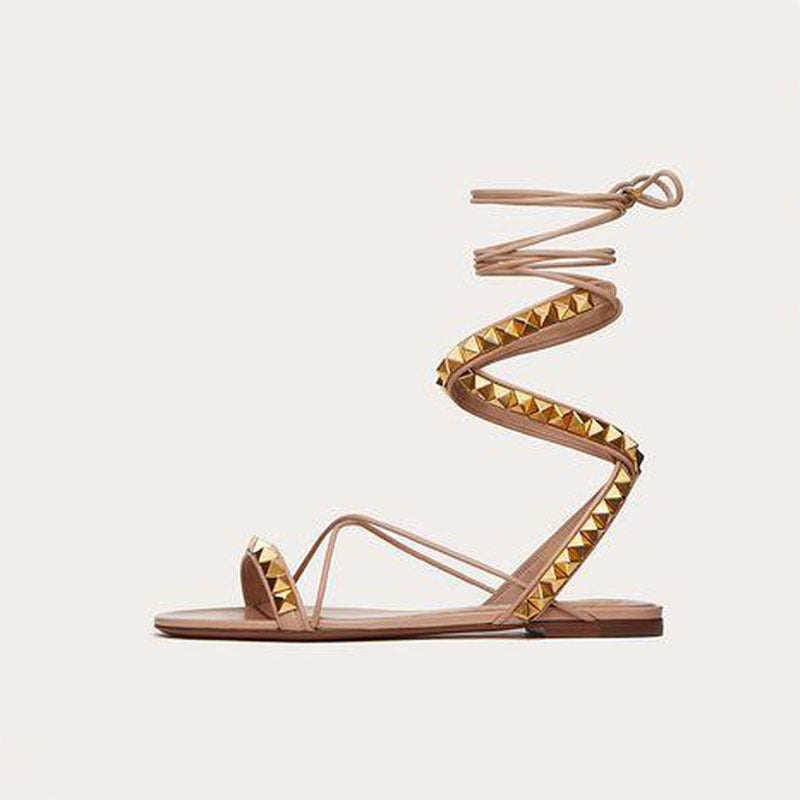 Round Toe Open Toe Cross Strap Flat Roman Style Sandals European And American Style Rivet High-cut Sandals