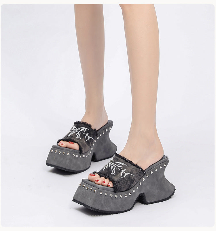 Square Toe Frayed Butterfly Thick Sole Rivets Slippers