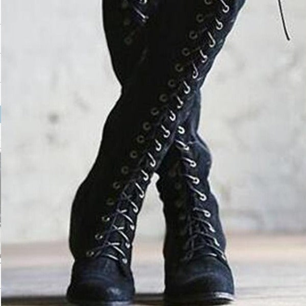 Solid Color Thick Low Heel High-top Lace-up Fashion Women's Boots