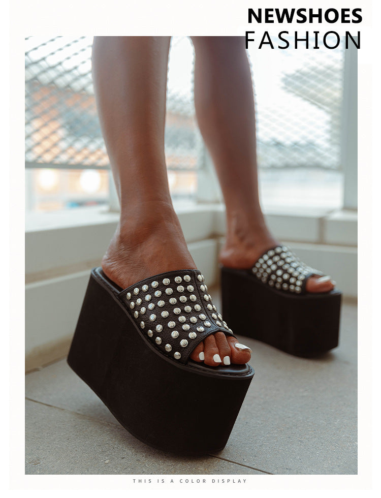 Wedge Thick Bottom Platform Rivet Slippers