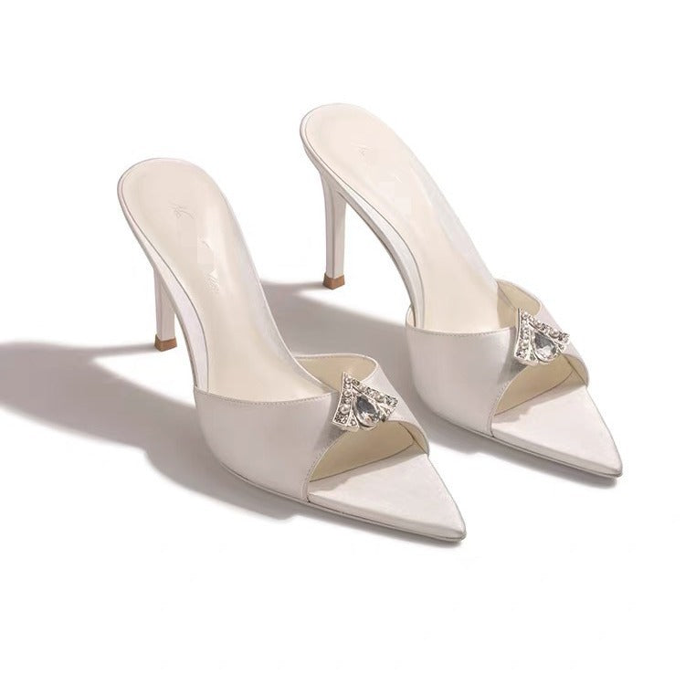 Women's Fashion All-Match Pointed Satin Rhinestone High Heel Shoes