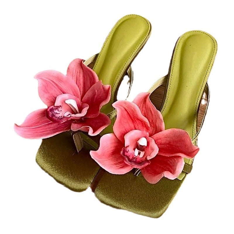 Summer New Stiletto Heel Satin Flip-flops Outer Wear Half Slippers High Heel Slippers Women