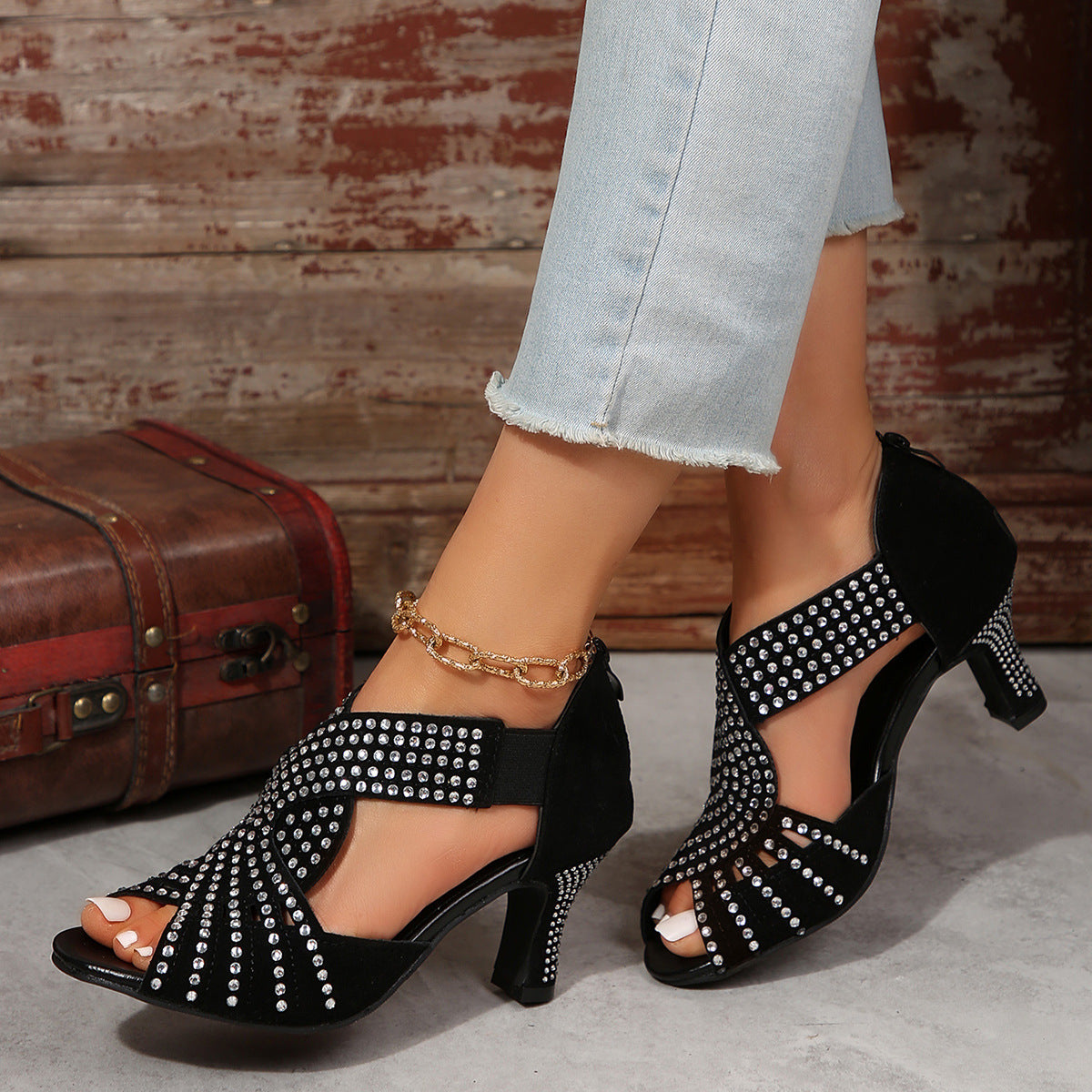 Spring And Summer New Rhinestone High-heeled Peep Toe Sandals