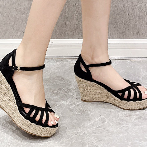 Women's Wedge Super High Heels Platform Hemp Rope Woven Peep Toe Sandals