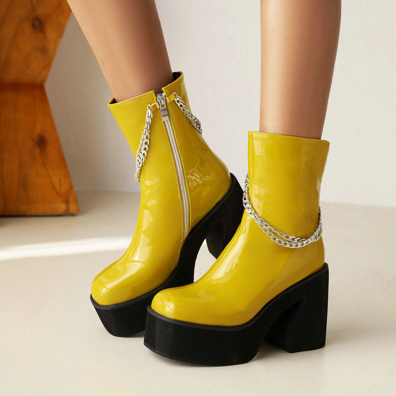 Women's Boots New Chain Martin Boots Women's Thick Heel Patent Leather