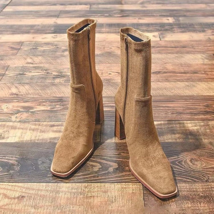 Short Boots Thick Heel Stretch Thin Boots Brown Boots