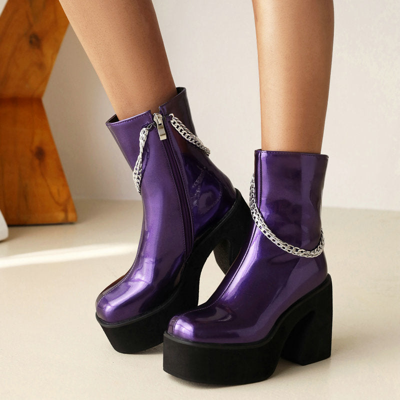 Women's Boots New Chain Martin Boots Women's Thick Heel Patent Leather