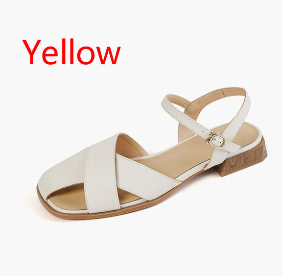 Women's Flat Heel Strap Buckle Closed Toe Low Heel Retro Flat Bottom Sandals