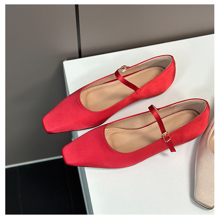 Women's Red Square Head Satin Surface Flat Bottom Ballet Shoes