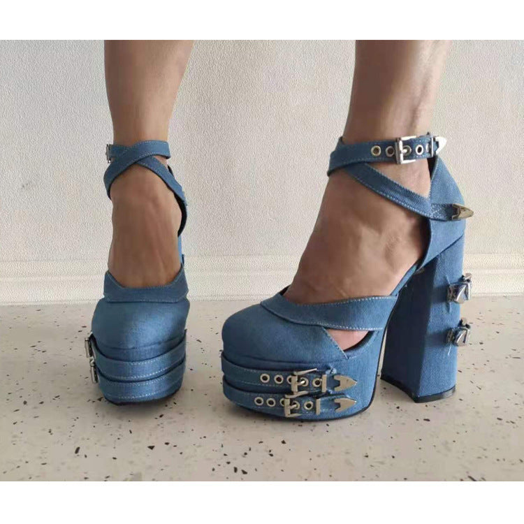 Super High Heel Chunky Heel Waterproof Platform Belt Buckle Women's Hollowed Sandals