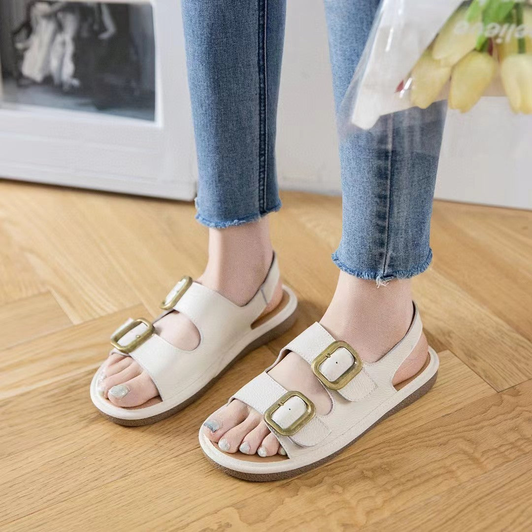 Women's Flat Cool First Layer Cowhide Soft Bottom Belt Buckle Beach Outer Wear Ankle-strap Sandals