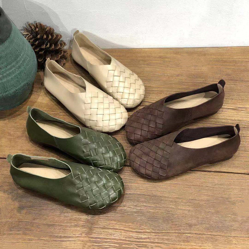 Retro Round Toe Flat Bottom Soft Cowhide Woven Women's Shoes